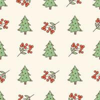 Seamless pattern. Red rowan and Christmas tree. Vector