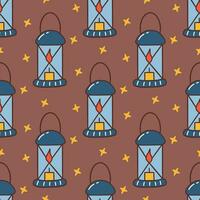 Seamless pattern with blue lantern with burning candle. Vector