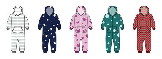 Set of kigurumi pajamas with different patterns. Hand drawn illustration. Vector illustration on white background