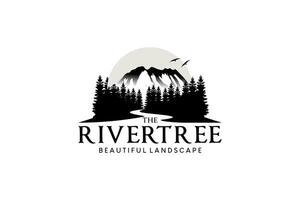 río árbol logo diseño, montaña arboles río paisaje vector silueta