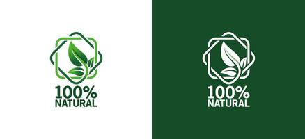 100 Natural vector logo or badge template for product with pure green leaf