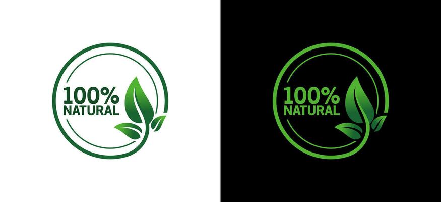 100 Natural vector logo or badge template for product with pure green leaf circle