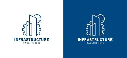 Infrastructure logo design with gear vector illustration and minimalist building
