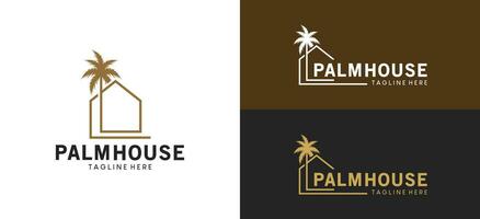 Minimalist palm tree house logo design with creative line style vector