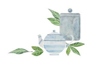 Watercolor hand drawn illustration. White porcelain globular striped teapot and storage jar. Isolated objects on white background. For invitations, cafe, restaurant food menu, print, website, cards vector