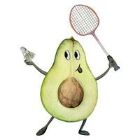 Hand drawn watercolor cute avocado character playing badminton, racquet and shuttlecock. Fitness health. Illustration isolated composition, white background. Design poster, print, website, card, gym vector