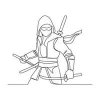 uno continuo línea dibujo de un ninja vector ilustración. un ninja ilustración sencillo lineal estilo concepto vector. japonés ninja diseño vector para tu negocio promoción o otros.