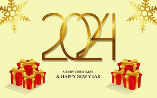 Happy New Year 2024 and Merry Christmas Greeting Card Banner in gold color vector