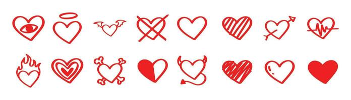 set of red heart symbol hand drawn vector