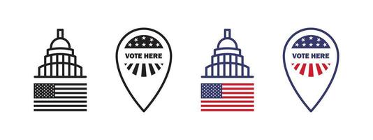 Vote here badges. US Election and voting. Voting in election. Vector scalable graphics