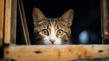 retrato de un gato mirando fuera de el ventana de un de madera casa generativo ai foto