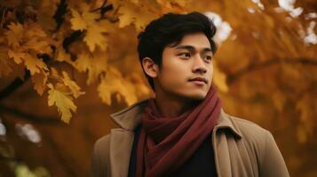 Portrait of a handsome young asian man in autumn park. Generative AI photo