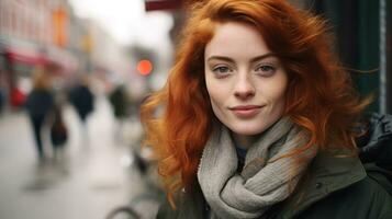 Portrait of a beautiful young redhead woman with freckles in the city Generative AI photo