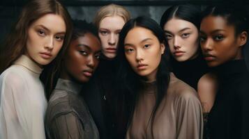 Group of young women with different skin colors posing in studio. Beauty, fashion. Generative AI photo