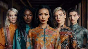 Group of beautiful multiethnic women with fashionable makeup. Beauty, fashion. Generative AI photo