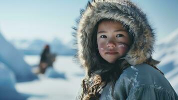 Portrait of a beautiful asian girl in a fur coat in winter Generative AI photo