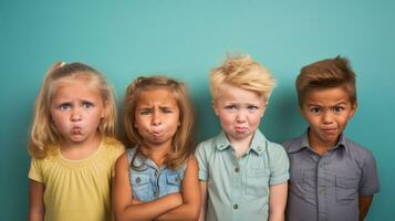 Group of children making funny faces over blue background. Emotions concept Generative AI photo