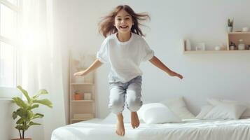 Cute little girl jumping on bed at home. Happy childhood concept. Generative AI photo