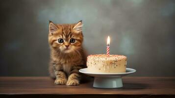 Cute little kitten with birthday cake on wooden table over dark background Generative AI photo