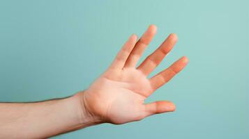 Man's hand showing five fingers isolated on blue background, clipping path included Generative AI photo