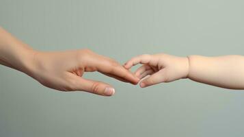 Hands of mother and daughter holding hands, isolated on grey background Generative AI photo