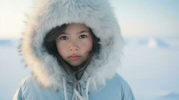 retrato de un hermosa asiático niña en invierno ropa mirando a cámara generativo ai foto