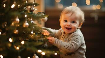 Adorable baby girl decorating Christmas tree at home. Merry Christmas and Happy New Year Generative AI photo