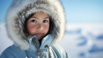 3D illustration of a little girl in winter clothes looking at camera Generative AI photo