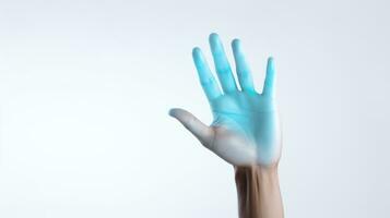 Close up of human hand in medical gloves gesturing ok. Isolated on white background. Generative AI photo