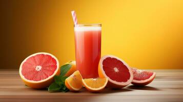 Glass of grapefruit juice and fresh fruits on wooden table with orange background Generative AI photo