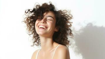 Portrait of a beautiful young woman with long curly hair on white background Generative AI photo