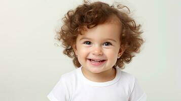 Portrait of a cheerful little girl with curly hair on a gray background Generative AI photo