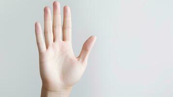 Close up of female hand showing ok sign isolated on grey background. Generative AI photo