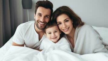 Beautiful young family is looking at camera and smiling while lying in bed at home Generative AI photo