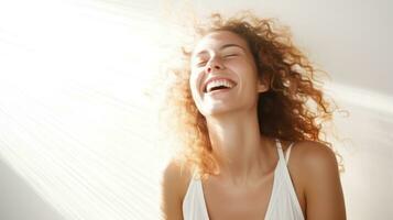 Beautiful young woman with curly red hair laughing. Studio shot. Generative AI photo