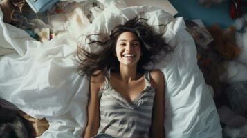 Top view of a beautiful young woman lying in bed and laughing. Generative AI photo