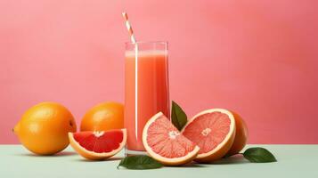 Grapefruit juice in a glass and fresh fruits on a pastel background Generative AI photo