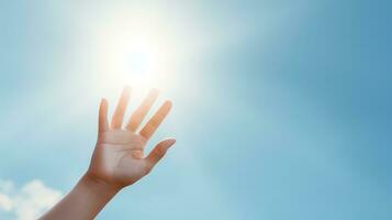 Human hand showing three fingers on blue sky background with sun rays. Generative AI photo