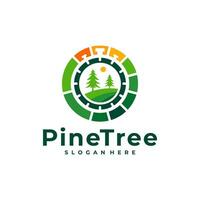 Pine Tree with Time logo design vector. Creative Pine Tree logo concepts template vector