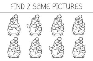 Find two same pictures is an educational game for kids with penguin with ice cream. Penguin with ice cream coloring book. Vector illustration