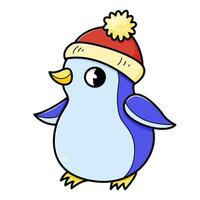 Cute penguin in a hat with a pompom character in cartoon style. Vector isolated on white illustration