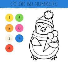 Color by numbers coloring book for kids with cute penguin with ice cream. Coloring page with cartoon penguin. Monochrome black and white. Vector illustration