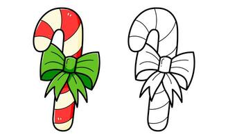 Christmas lollipop with a bow coloring book with coloring example for kids. Coloring page with christmas lollipop with a bow. Monochrome and color version. Vector children's illustration