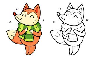 Fox with a scarf coloring book with coloring example for kids. Coloring page with fox with a scarf. Monochrome and color version. Vector children's illustration