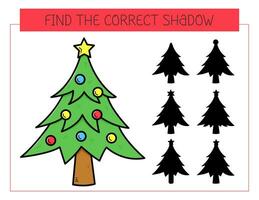 Find the correct shadow game with christmas tree. Educational game for children. Cute cartoon christmas tree. Shadow matching game. Vector illustration