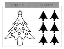 Find the correct shadow coloring book with christmas tree. Coloring page educational game for kids. Cute cartoon christmas tree. Shadow matching game. Vector illustration