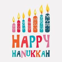 7 vibrant candles illuminate a festive Hanukkah scene. A joyous Happy Hanukkah greeting adds warmth to this colorful vector illustration.