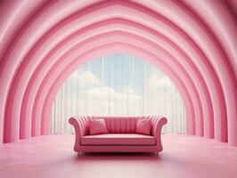 3d representación de un vacío rosado a rayas habitación con un abierto ventana ai generativo foto