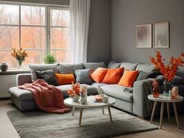 Cozy autumn winter living room interior with gray sofa and bright pillows AI Generative photo