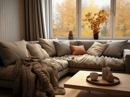 acogedor otoño invierno vivo habitación interior con gris sofá y brillante almohadas ai generativo foto